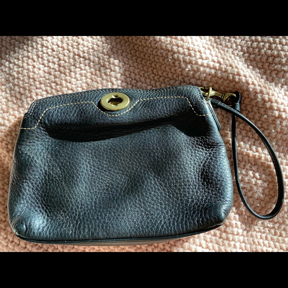 Black pebbled leather turn lock Coach wristlet